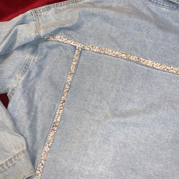 Forever 21 Light Blue Denim Jacket with Silver Sequin Glitter Detail Sz Large - Picture 6 of 7